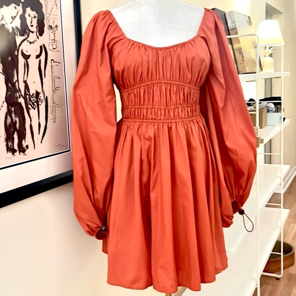 NWT Staud,Form Flattering Bow Dress Puff Sleeve Mini Rust Red, Boho, Lux,Size 6